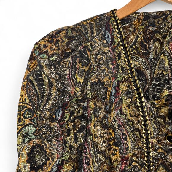 Vintage 80s Brocade Jacket Size Medium Black Gold Cotton Jacquard Tapestry Braid - Picture 7 of 9